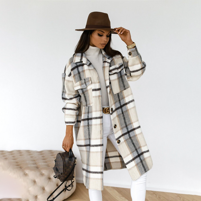Women's Wool Coat Oversized Checked Button Closure Grey White Winter Grey White
