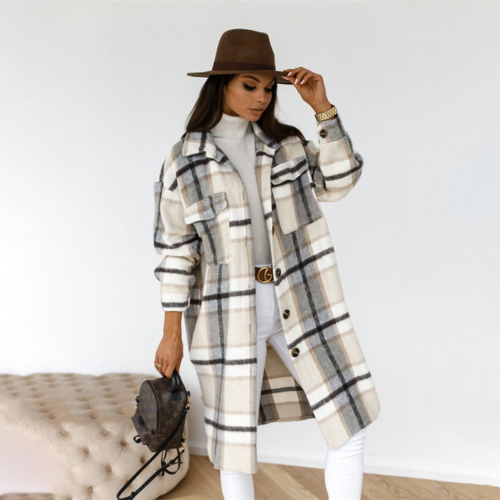 Women's Oversized Long Coat - Wool Blend - Checked Design - Front Button Closure Grey White