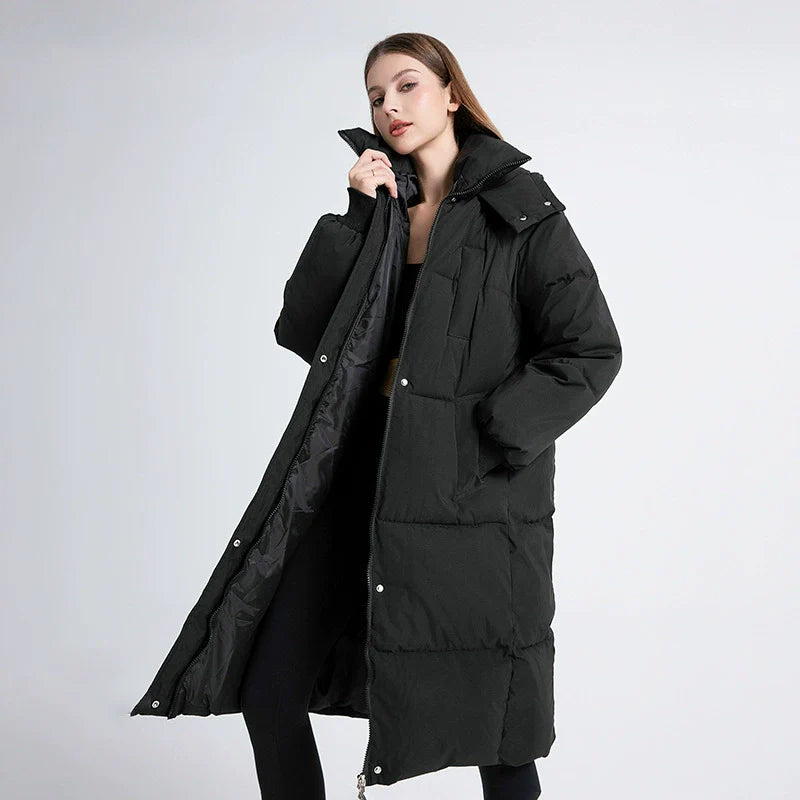 Women's Oversized Long Puffer Trenchcoat – Padded with Hood and High Collar Black