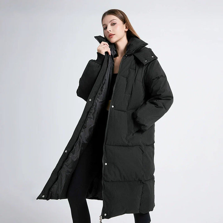 Women's Oversized Long Puffer Trenchcoat – Padded with Hood and High Collar Black