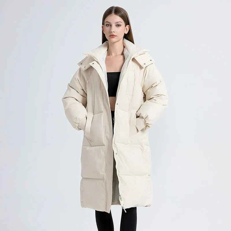 Women's Oversized Long Puffer Trenchcoat – Padded with Hood and High Collar Off white