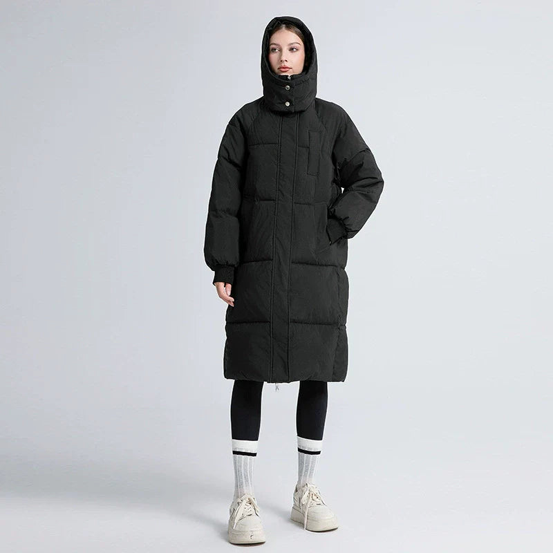 Women's Oversized Long Puffer Trenchcoat – Padded with Hood and High Collar