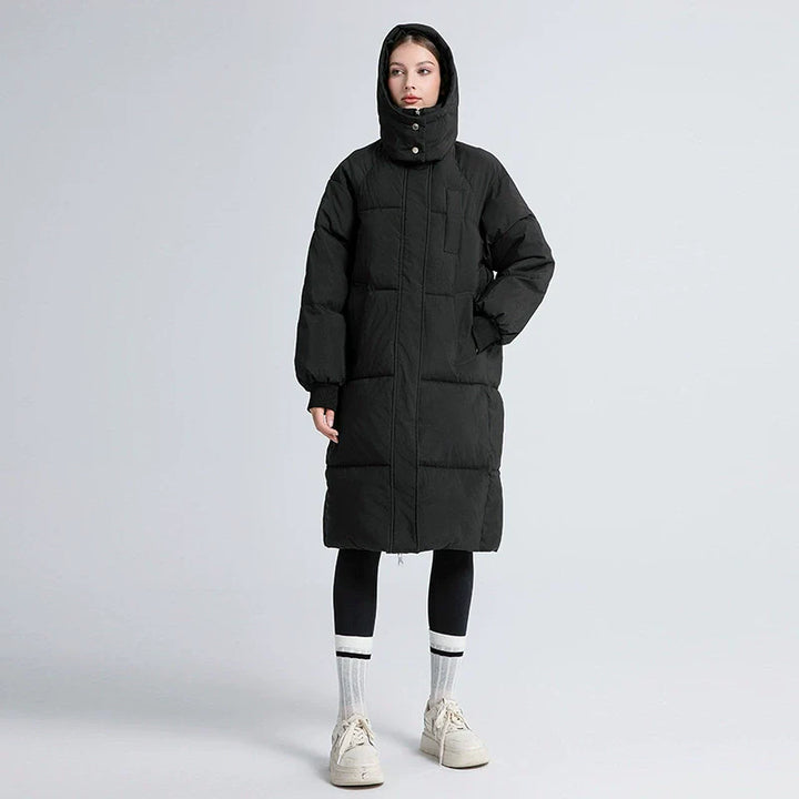 Women's Oversized Long Puffer Trenchcoat – Padded with Hood and High Collar
