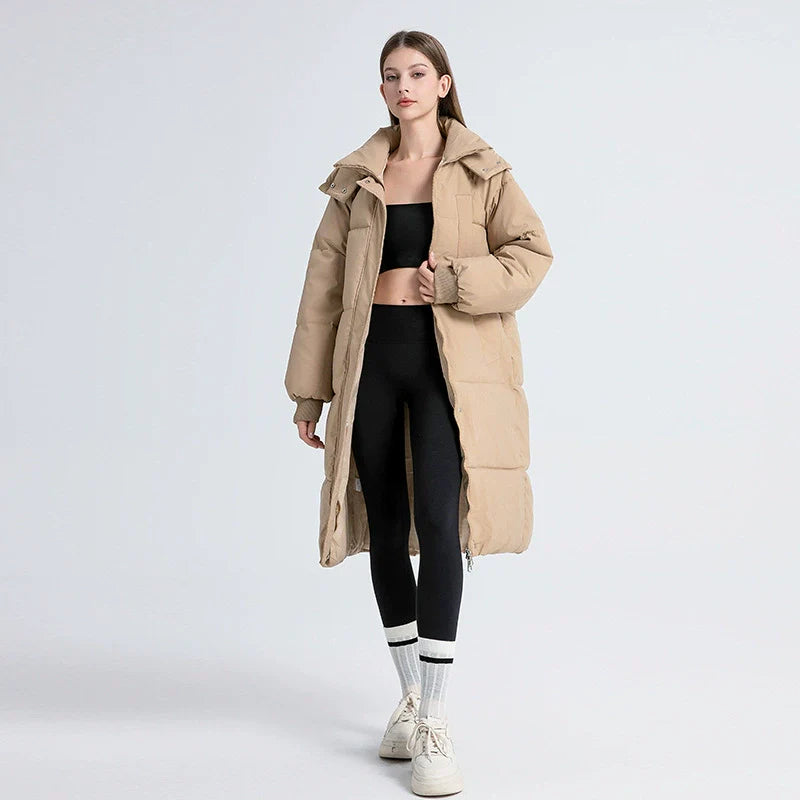 Women's Oversized Long Puffer Trenchcoat – Padded with Hood and High Collar Khaki