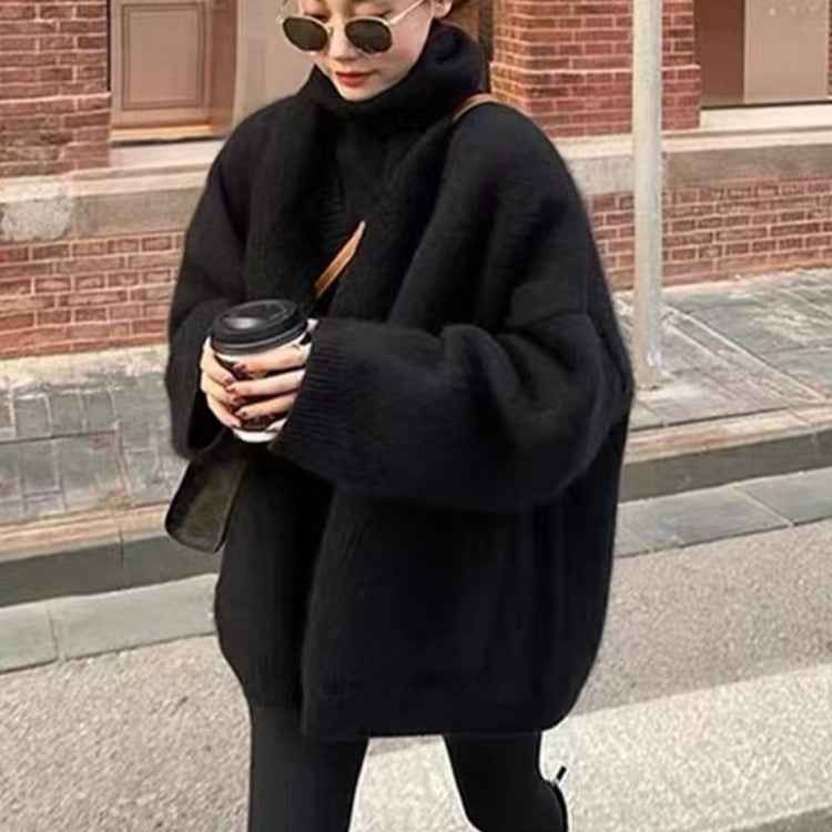 Women's Oversized Mohair Blend Cardigan – Deep V-Neck, Pockets & Ribbed Edges Black One Size