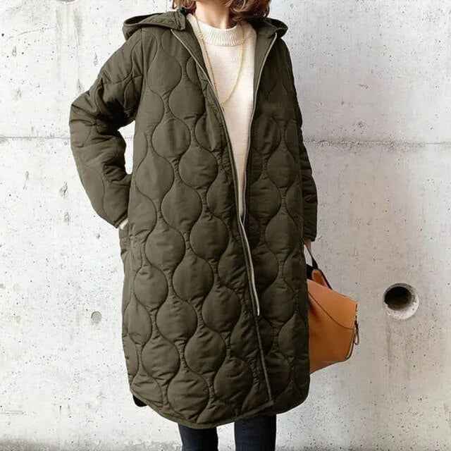Women's Oversized Padded Parka Coat with Hood – Knee-Length Dark Green One Size