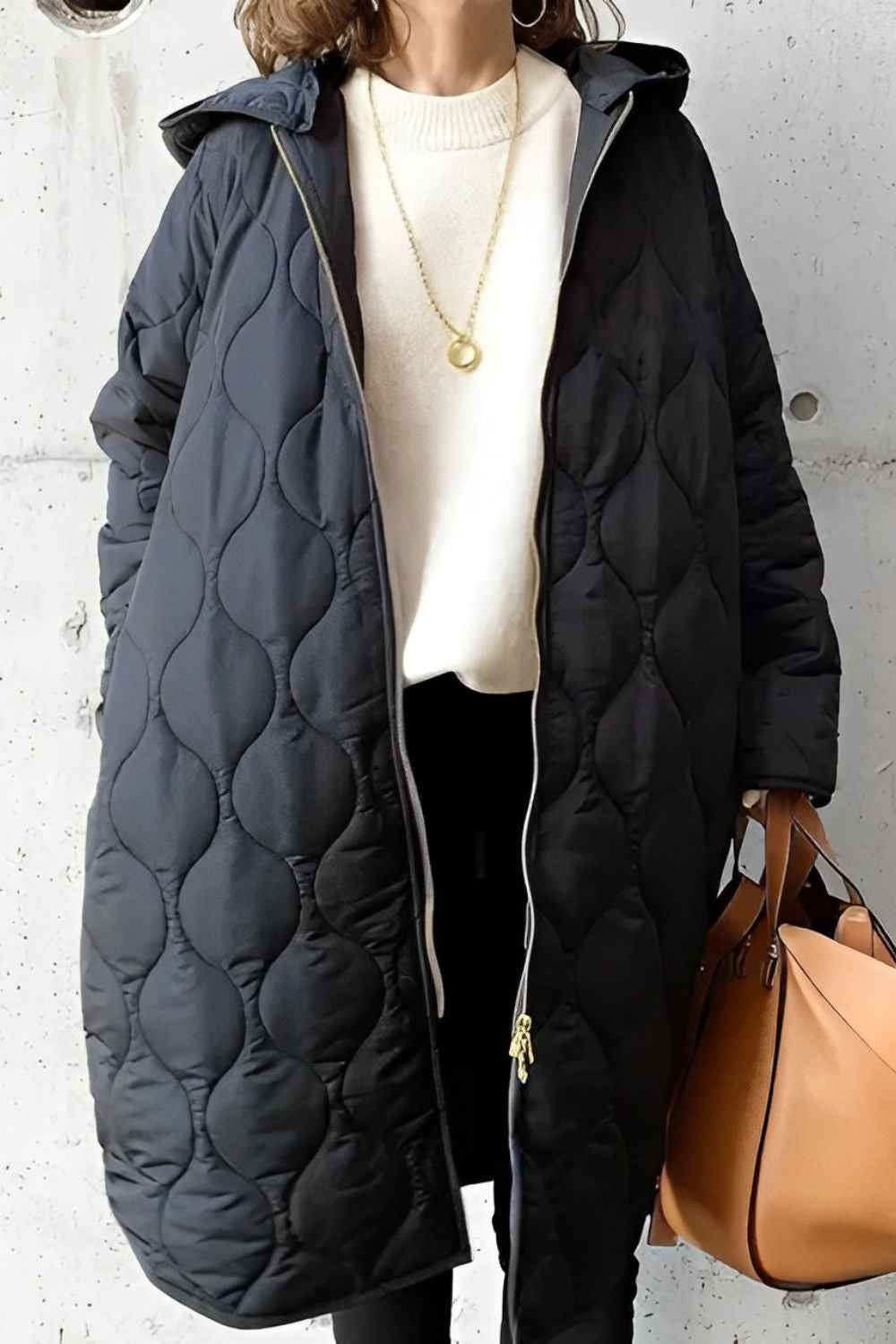 Women's Oversized Padded Parka Coat with Hood – Knee-Length Black One Size