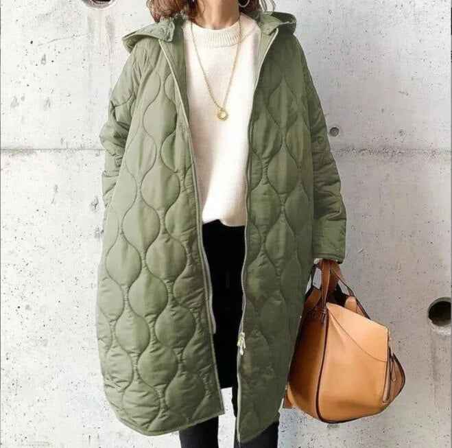 Women's Oversized Padded Parka Coat with Hood – Knee-Length Light Green One Size