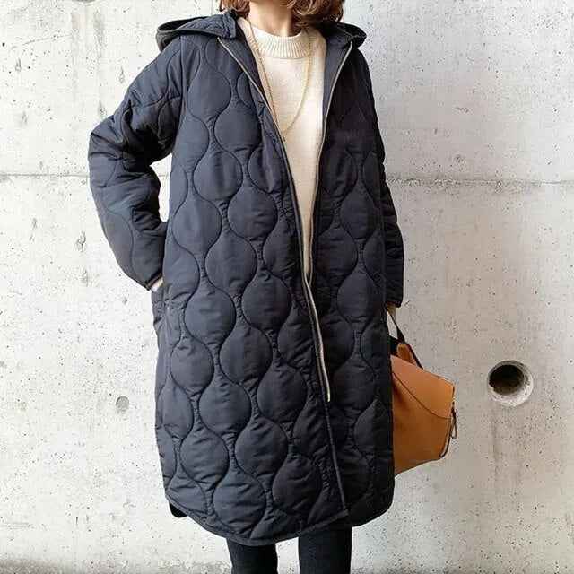 Women's Oversized Padded Parka Coat with Hood – Knee-Length Navy One Size