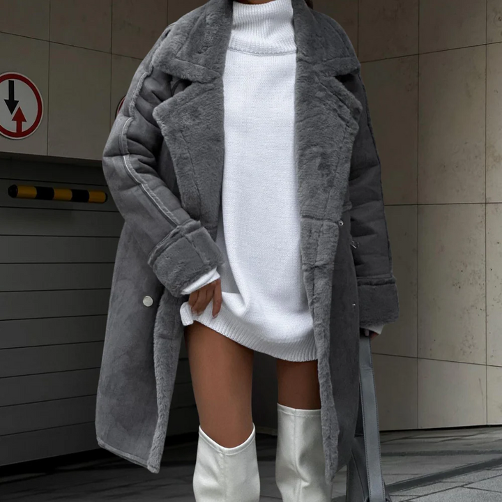 Women's Oversized Plush Coat – Double-Breasted with Wide Lapels Grey