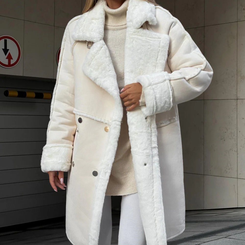 Women's Oversized Plush Coat – Double-Breasted with Wide Lapels White