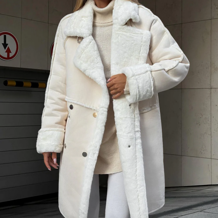 Women's Oversized Plush Coat – Double-Breasted with Wide Lapels White