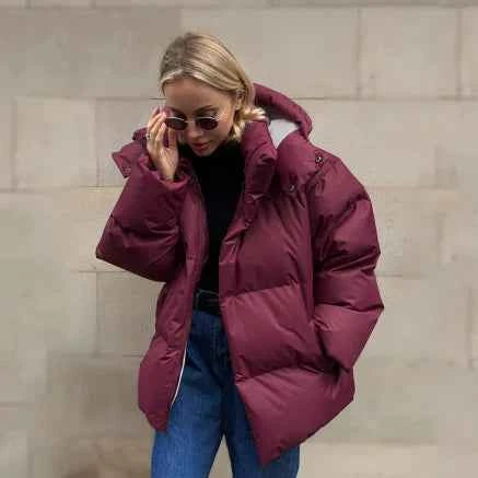 Women's Oversized Puffer Winter Coat - Warm & Stylish Outerwear Red Wine