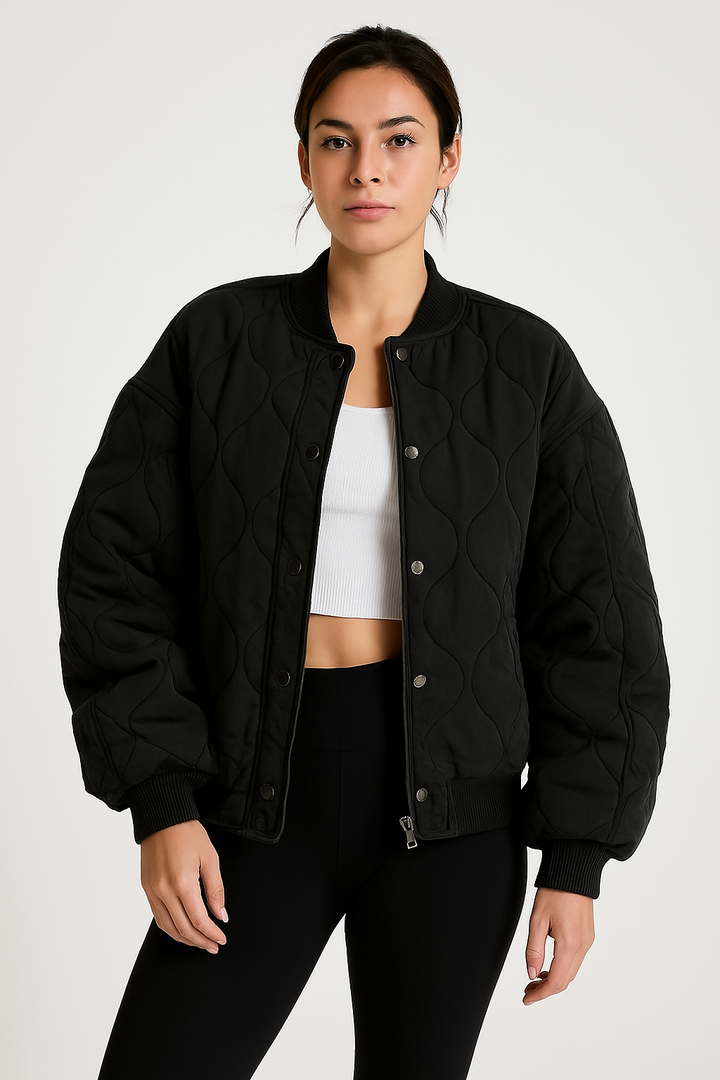 Women's Oversized Quilted Bomber Jacket - Stylish & Warm Black