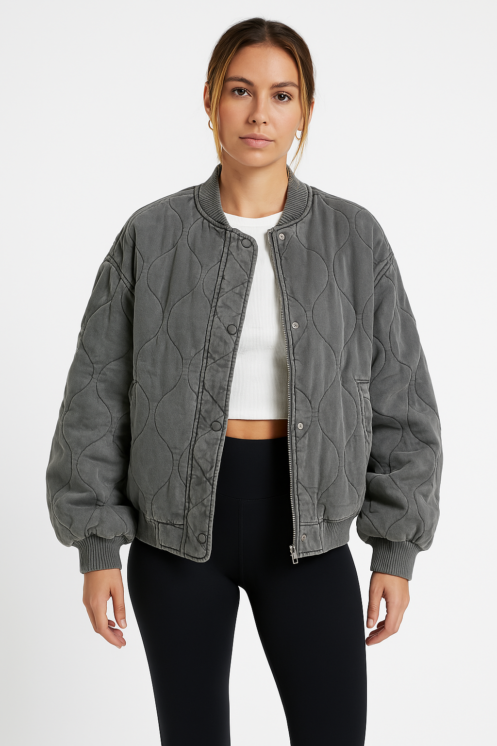 Women's Oversized Quilted Bomber Jacket - Stylish & Warm Grey