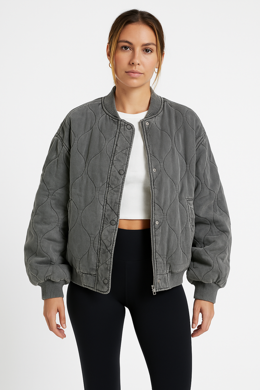 Women's Quilted Polyester Oversized Bomber Ribbed Grey Winter Jacket Grey