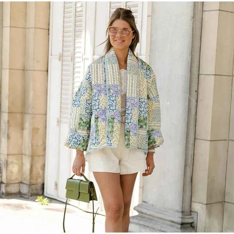 Women's Oversized Quilted Patchwork Coat - Casual Open Front Design Green
