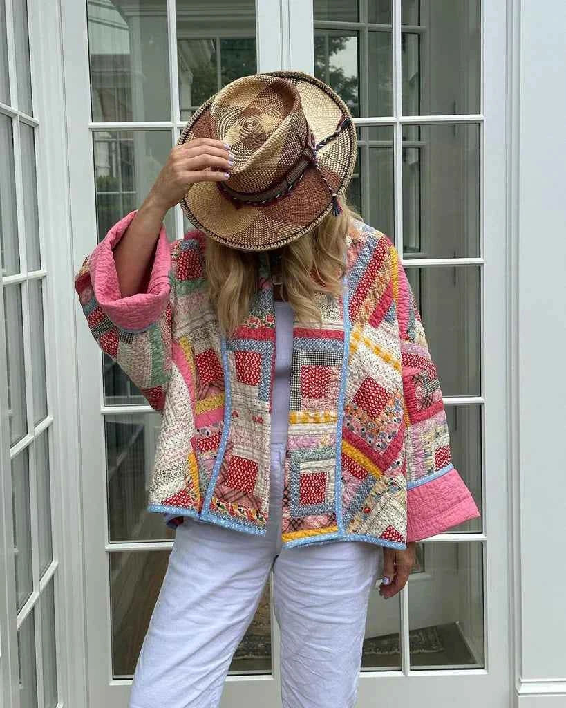 Women's Oversized Quilted Patchwork Coat - Casual Open Front Design Pink