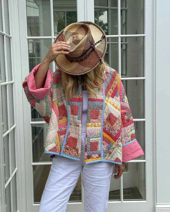 Women's Oversized Quilted Patchwork Coat - Casual Open Front Design Pink