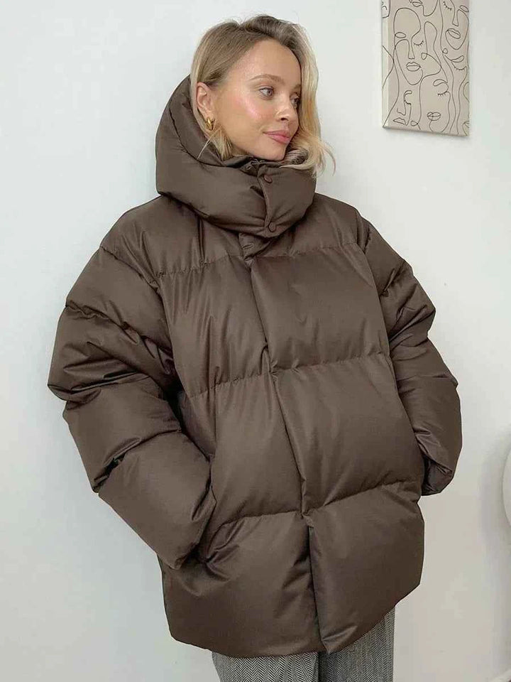 Women's Oversized Quilted Puffer Jacket with Hood and High Collar