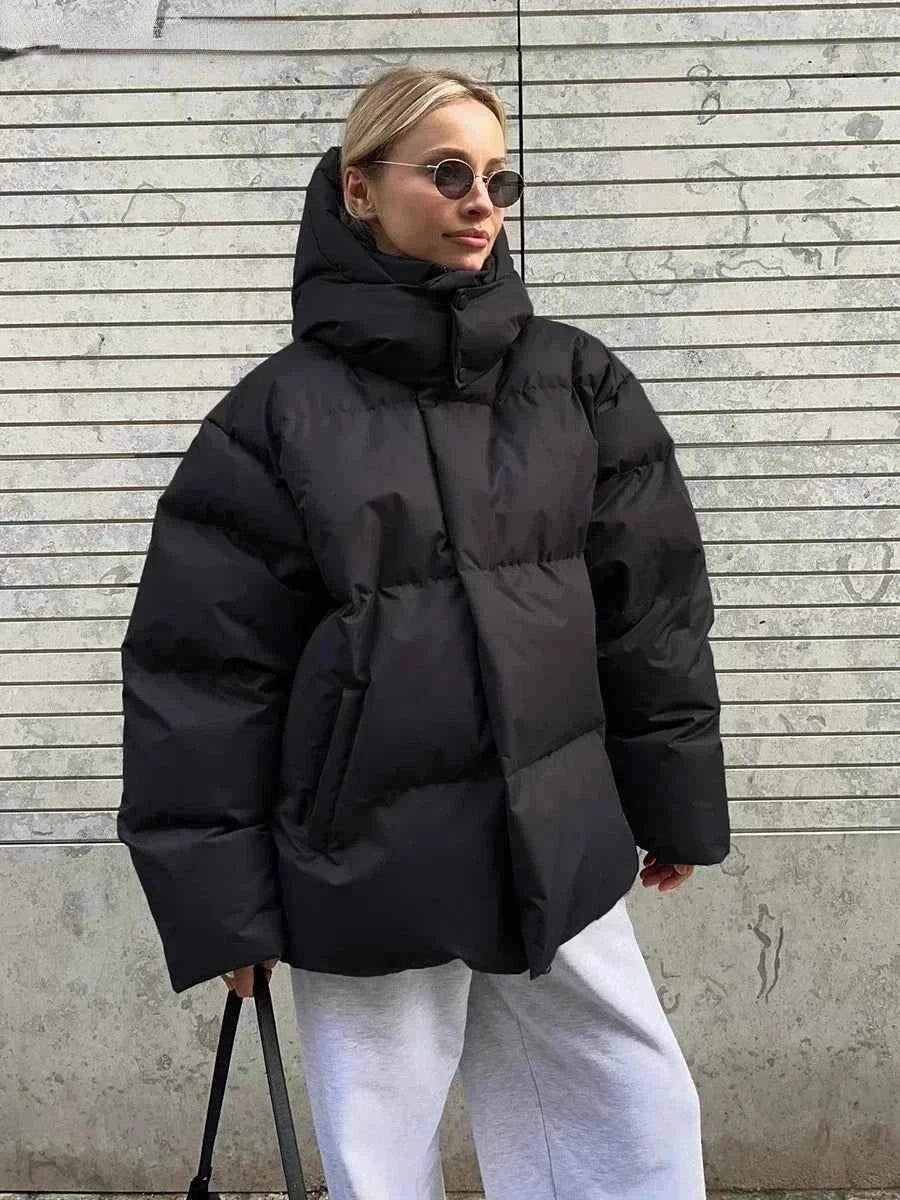 Women's Oversized Quilted Puffer Jacket with Hood and High Collar Black