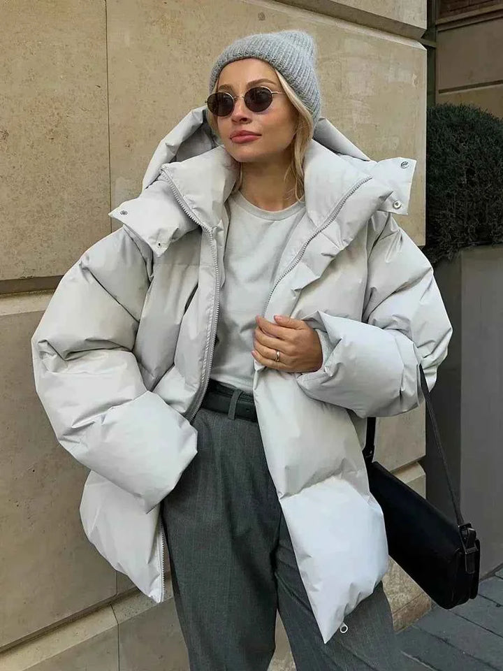 Women's Oversized Quilted Puffer Jacket with Hood and High Collar Light Grey