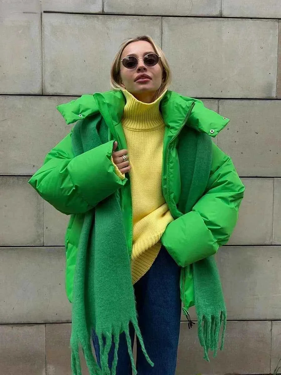 Women's Oversized Quilted Puffer Jacket with Hood and High Collar Green