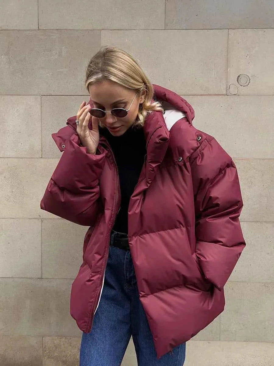 Women's Oversized Quilted Puffer Jacket with Hood and High Collar Burgundy