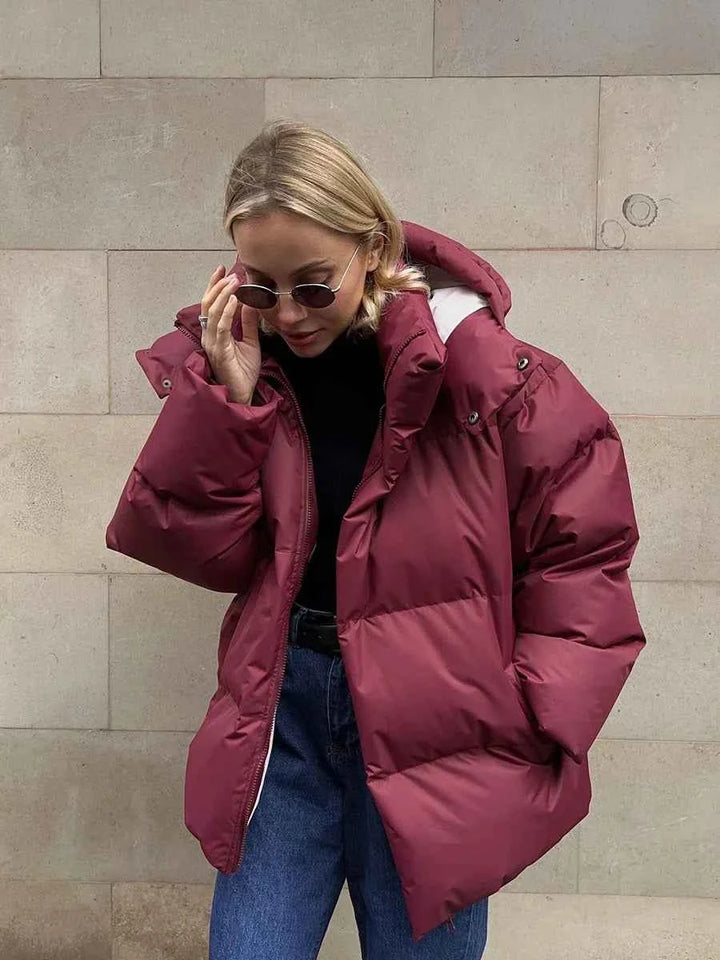 Women's Oversized Quilted Puffer Jacket with Hood and High Collar Burgundy