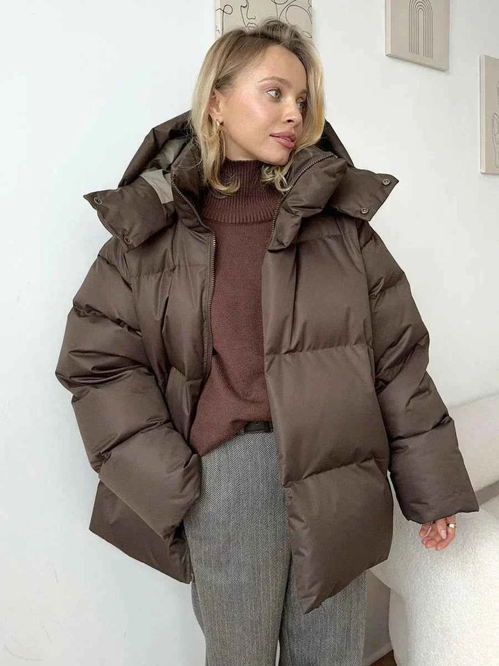 Women's Oversized Quilted Puffer Jacket with Hood and High Collar Brown