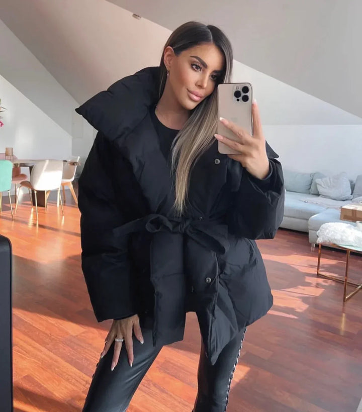 Women's Oversized Quilted Puffer Jacket with Waist Belt and High Collar