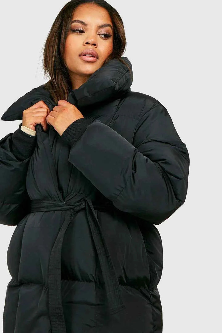 Women's Oversized Quilted Puffer Jacket with Waist Belt and High Collar