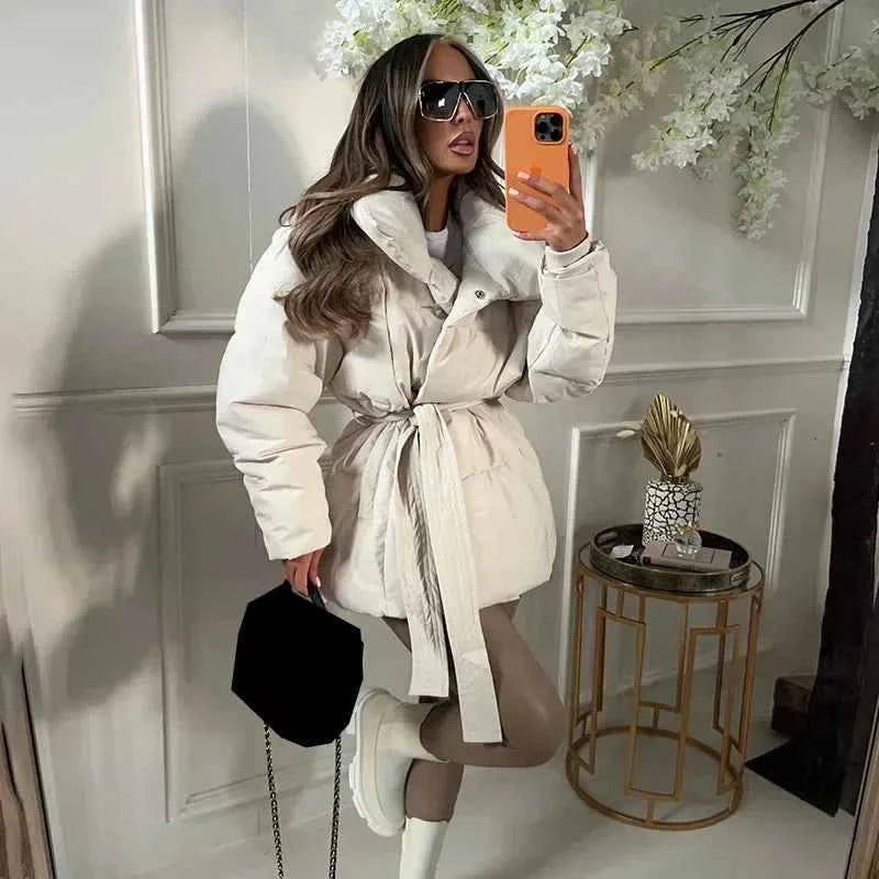 Women's Oversized Quilted Puffer Jacket with Waist Belt and High Collar