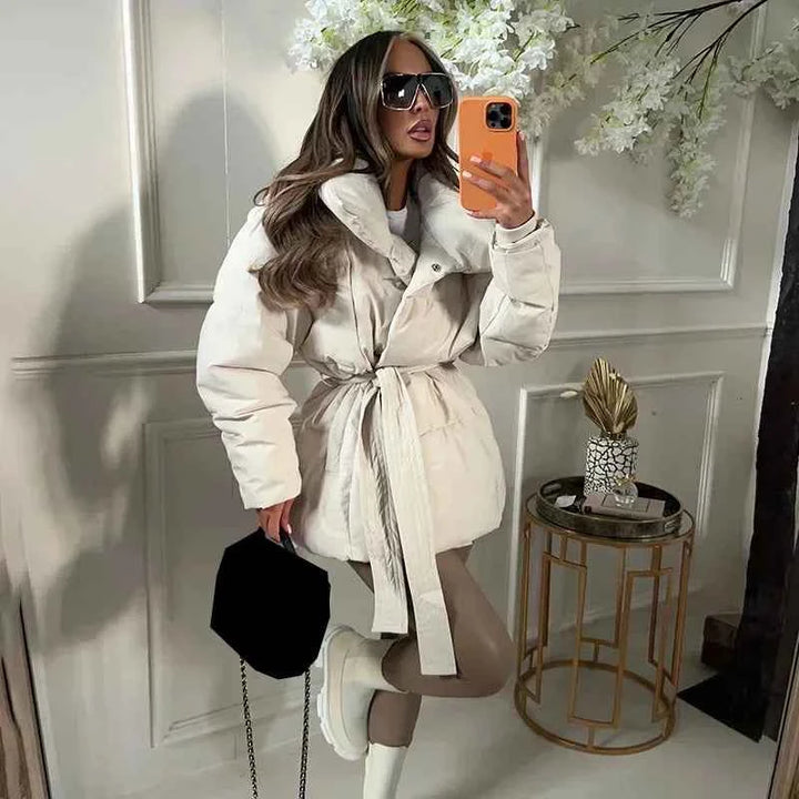 Women's Oversized Quilted Puffer Jacket with Waist Belt and High Collar