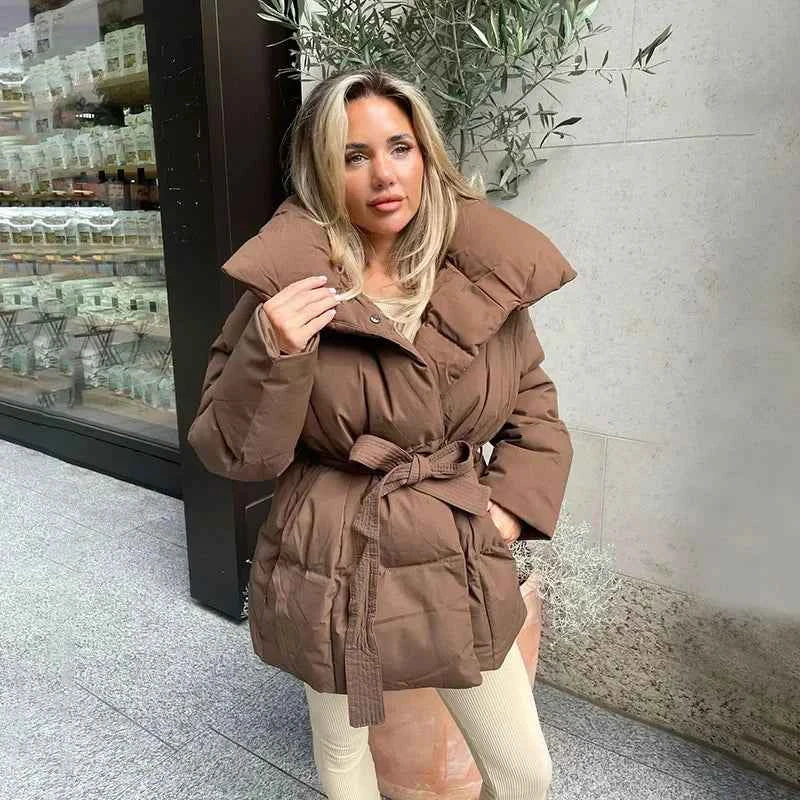 Women's Oversized Quilted Puffer Jacket with Waist Belt and High Collar Brown
