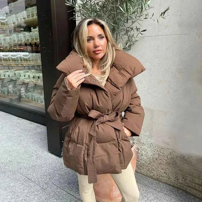 Women's Leather Jacket Oversized Hood Beige Winter Black Brown