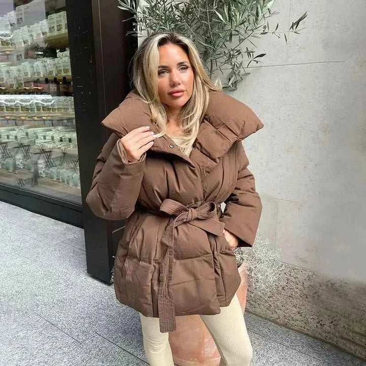 Women's Oversized Quilted Puffer Jacket with Waist Belt and High Collar Brown