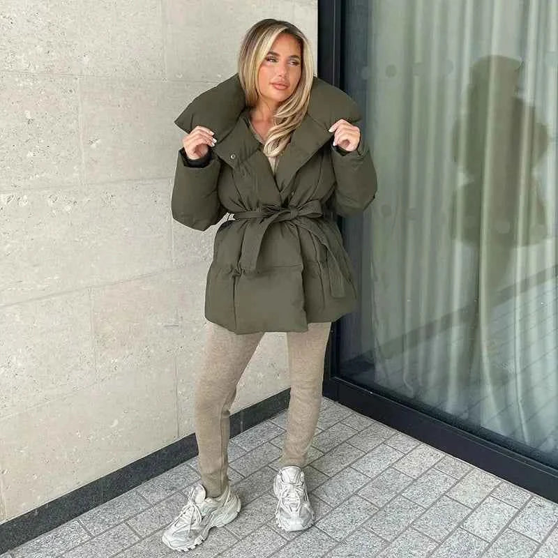 Women's Oversized Quilted Puffer Jacket with Waist Belt and High Collar Dark Green
