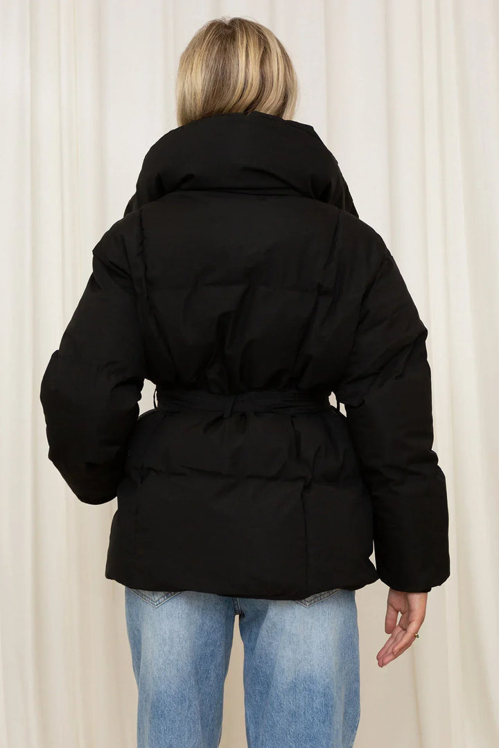 Women's Oversized Quilted Puffer Jacket with Waist Belt and High Collar