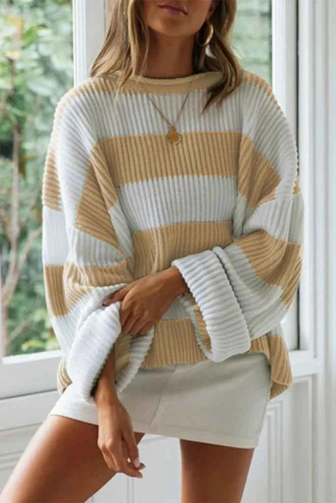 Women's Oversized Ribbed Knit Sweater - Long Sleeve Crewneck Casual Top Khaki
