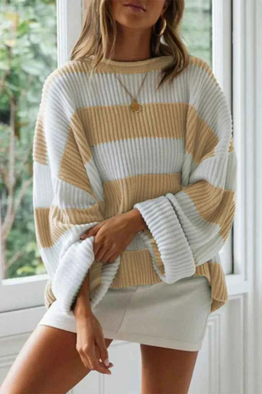 Women's Crewneck Oversized Ribbed Long Sleeve Sweater Winter Khaki