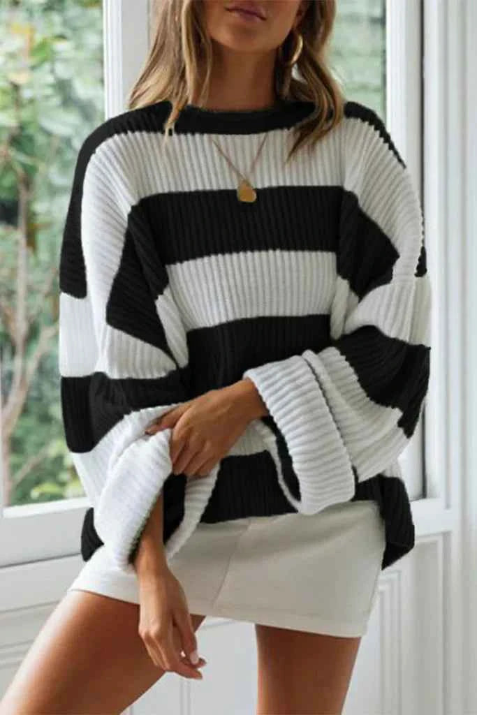 Women's Oversized Ribbed Knit Sweater - Long Sleeve Crewneck Casual Top Black