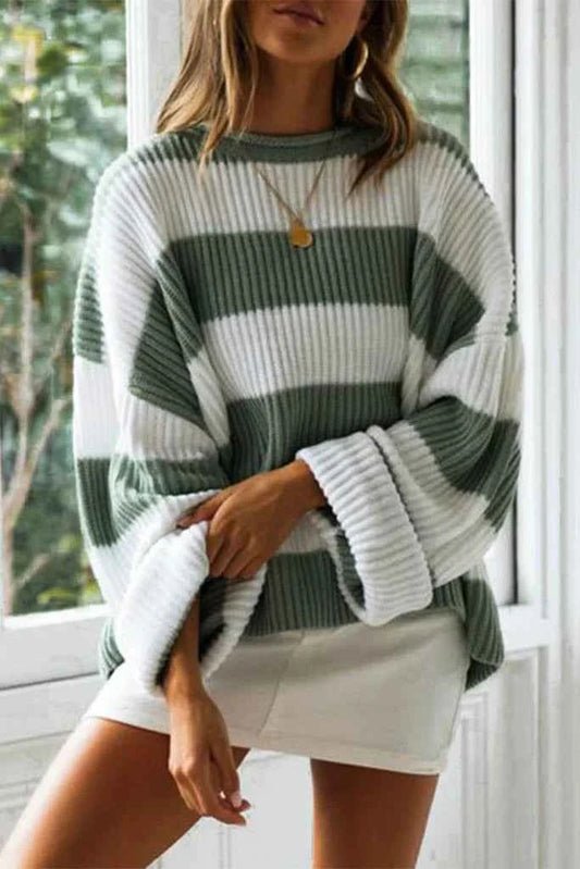 Women's Crewneck Oversized Ribbed Long Sleeve Sweater Winter Green
