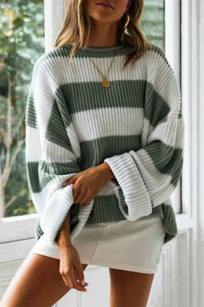 Women's Oversized Ribbed Knit Sweater - Long Sleeve Crewneck Casual Top Green