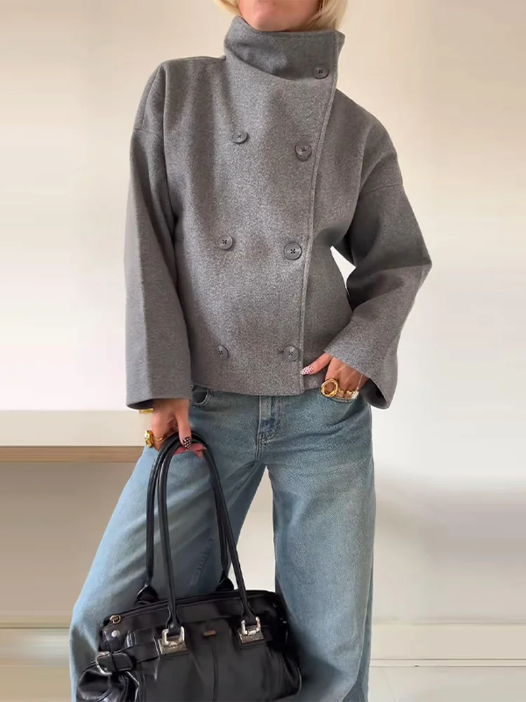 Women's Oversized Short Coat – Wool Blend – Stand-Up Collar – Double Breasted Grey