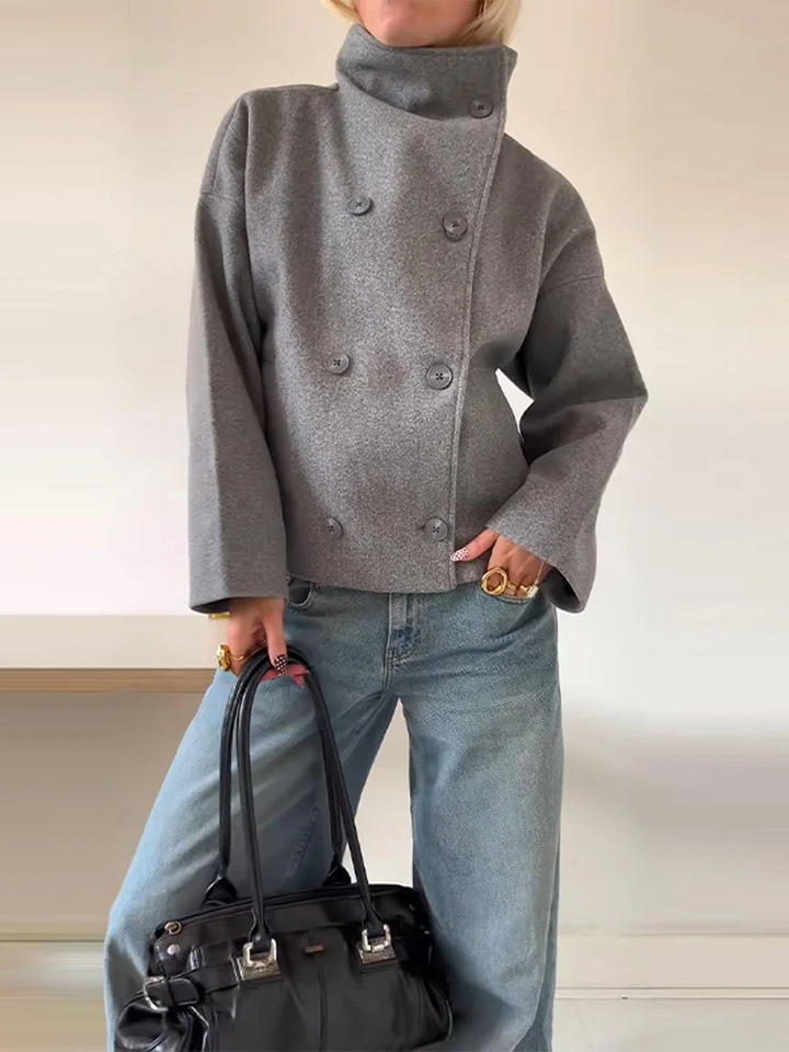 Women's Oversized Short Coat – Wool Blend – Stand-Up Collar – Double Breasted Grey