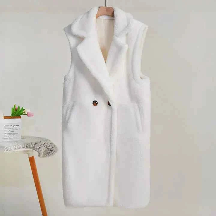 Women's Oversized Sleeveless Teddy Coat with Revere Collar – Mid-Length Style White