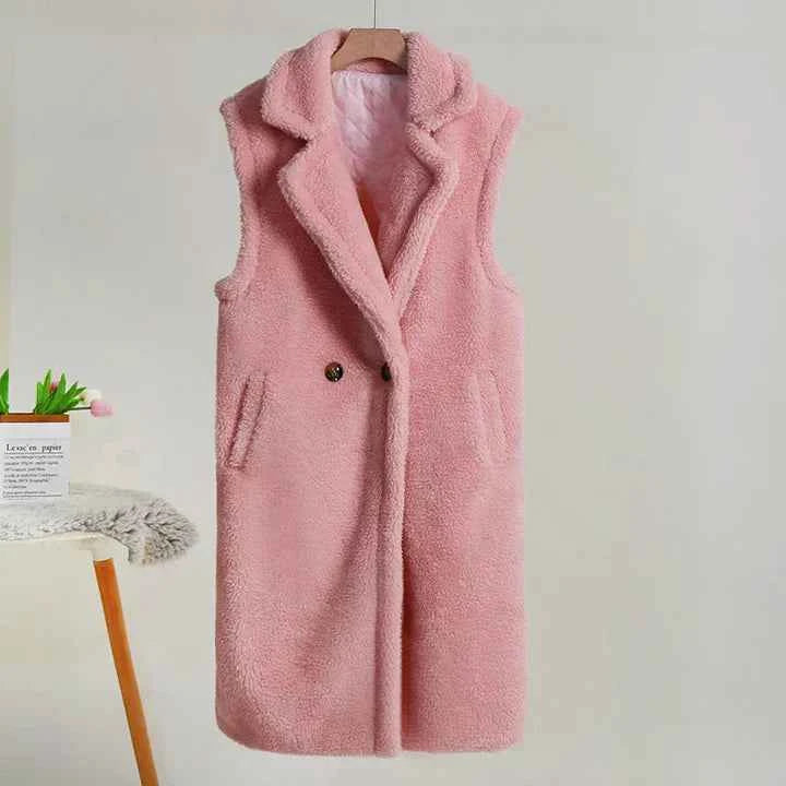 Women's Oversized Sleeveless Teddy Coat with Revere Collar – Mid-Length Style Pink