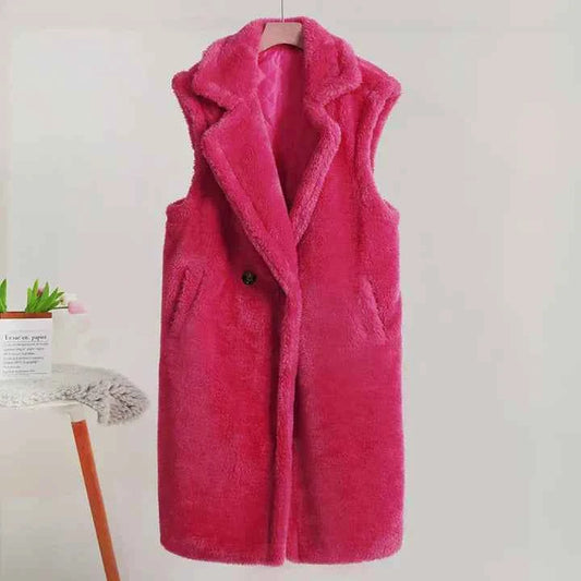 Women's Oversized Sleeveless Teddy Mid-length Coat Winter Pink Red