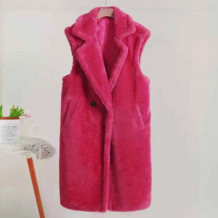 Women's Oversized Sleeveless Teddy Coat with Revere Collar – Mid-Length Style Pink Red
